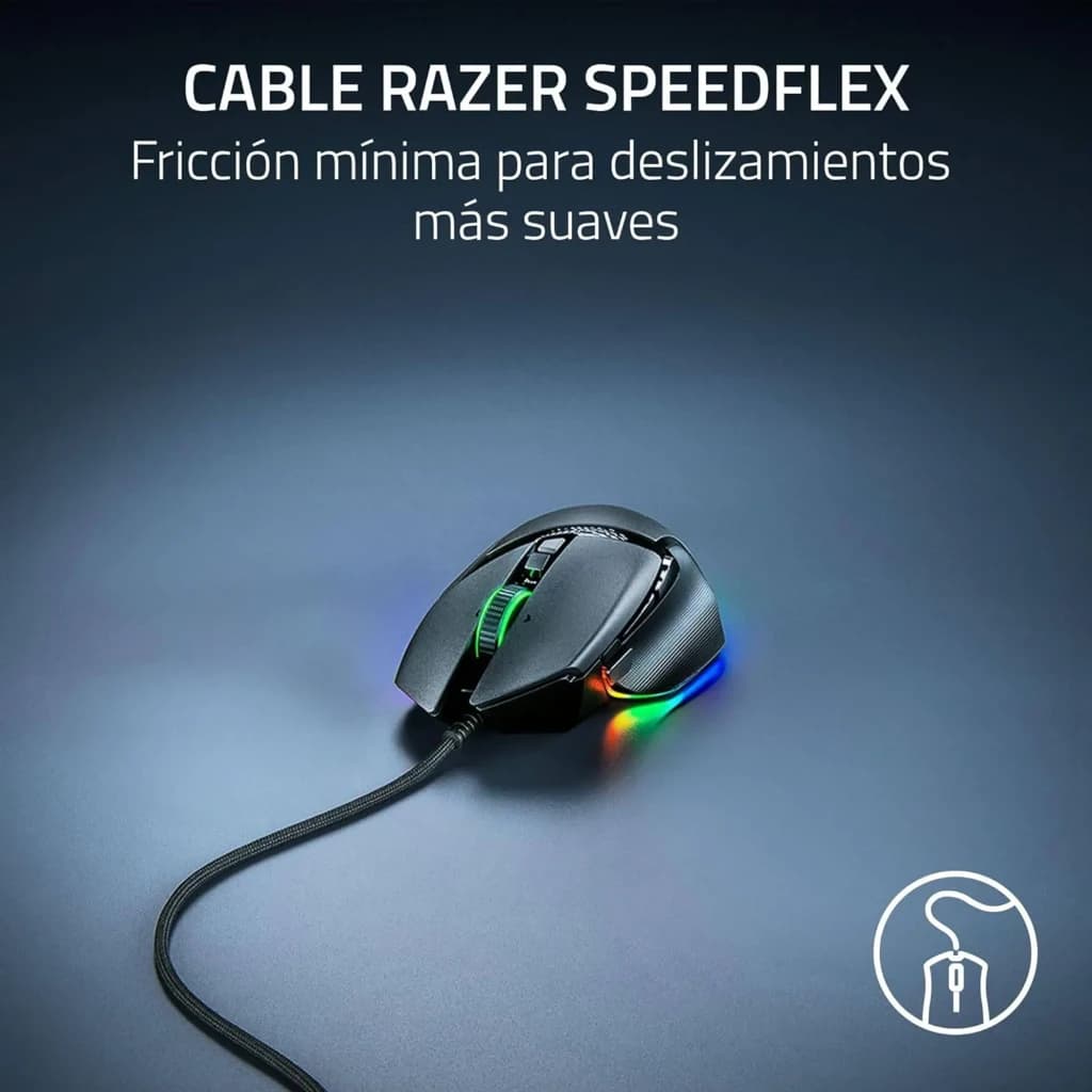 Razer Basilisk V3 35K preto, vista lateral: iluminação RGB e cabo SpeedFlex trançado sobre superfície azul