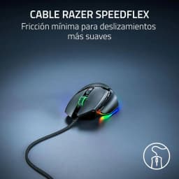 Razer Basilisk V3 35K preto, vista lateral: iluminação RGB e cabo SpeedFlex trançado sobre superfície azul