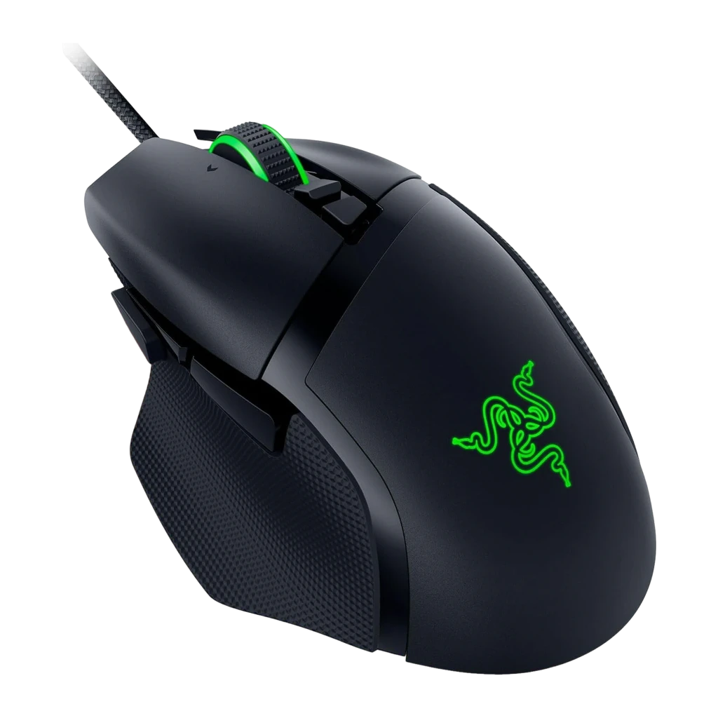 Razer Basilisk V3 35K preto, vista superior: roda com RGB verde, botões laterais e logo iluminado - Item1