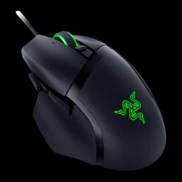 Razer Basilisk V3 35K preto, vista frontal-lateral: logo RGB verde, roda iluminada e grip texturizado