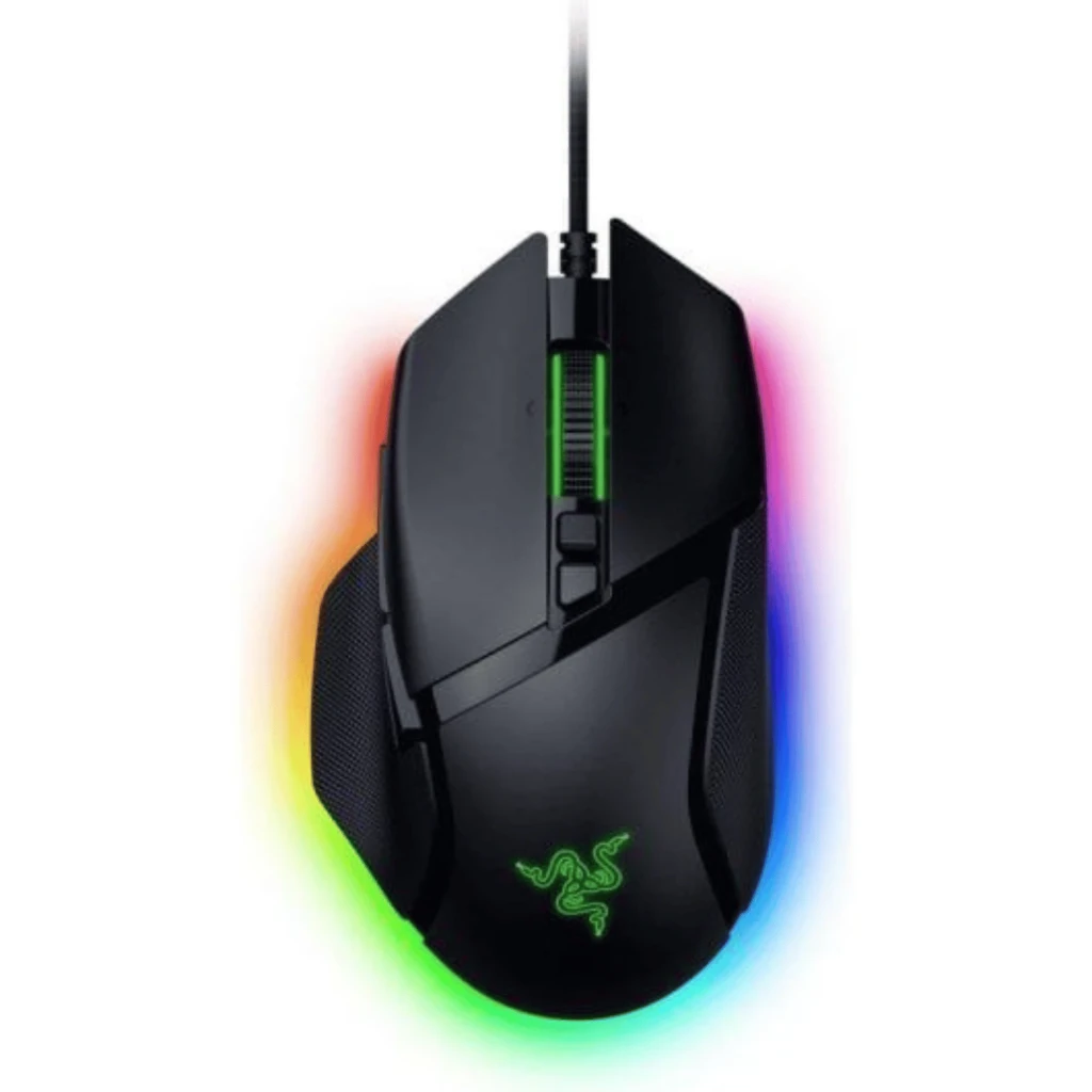 Razer Basilisk V3 35K preto, vista superior: roda com RGB verde, botões laterais e logo iluminado - Item4