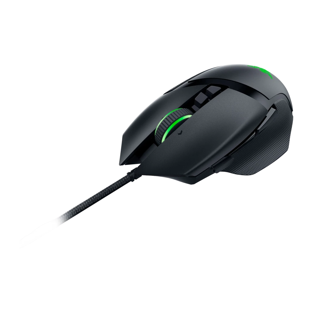 Razer Basilisk V3 35K preto, vista superior: roda com RGB verde, botões laterais e logo iluminado - Item2
