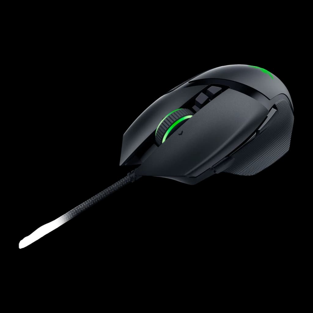 Razer Basilisk V3 35K preto, vista superior traseira: roda RGB verde, botões laterais e cabo trançado