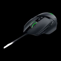Razer Basilisk V3 35K preto, vista superior traseira: roda RGB verde, botões laterais e cabo trançado