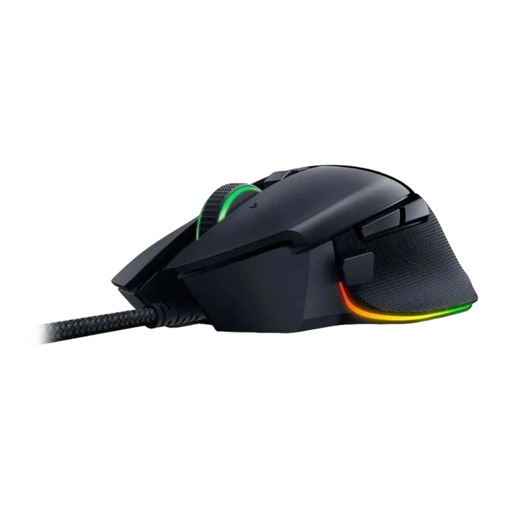 Razer Basilisk V3 35K preto, vista superior: roda com RGB verde, botões laterais e logo iluminado - Item3