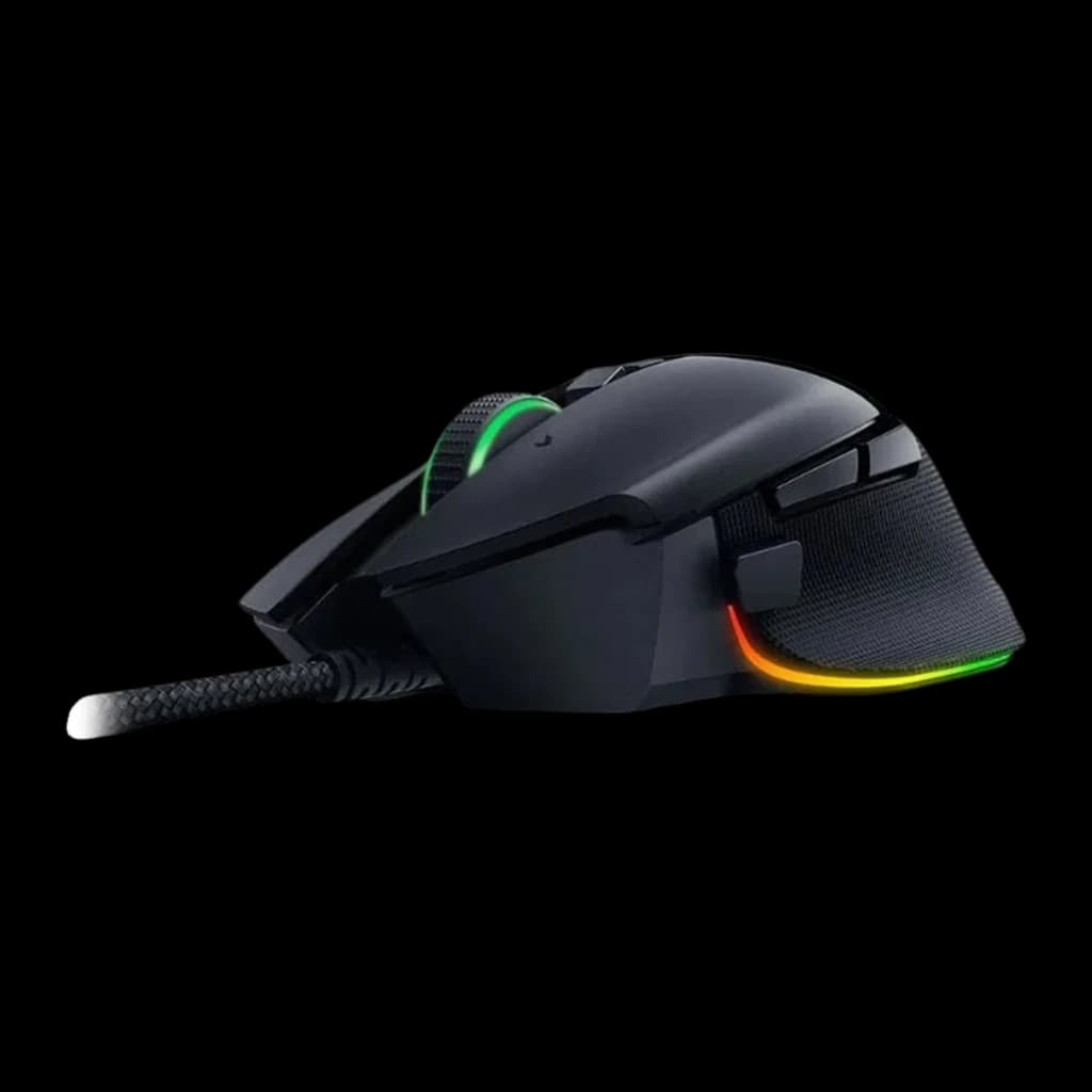 Razer Basilisk V3 35K preto, vista lateral esquerda: iluminação RGB multicolor na base e cabo trançado
