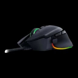 Razer Basilisk V3 35K preto, vista lateral esquerda: iluminação RGB multicolor na base e cabo trançado