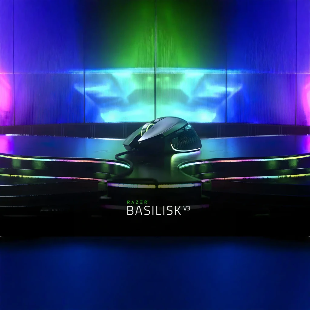 Razer Basilisk V3 35K preto, vista superior: roda com RGB verde, botões laterais e logo iluminado - Item5