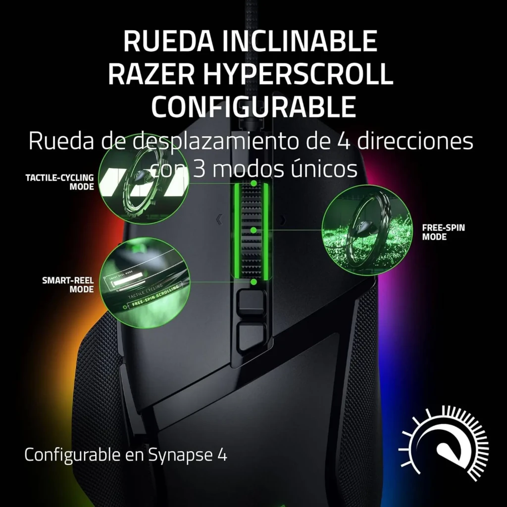 Razer Basilisk V3 35K preto, vista superior: roda com RGB verde, botões laterais e logo iluminado - Item6