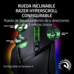 Razer Basilisk V3 35K preto, detalhe roda: HyperScroll inclinável com 3 modos tactile, smart-reel e free-spin com RGB