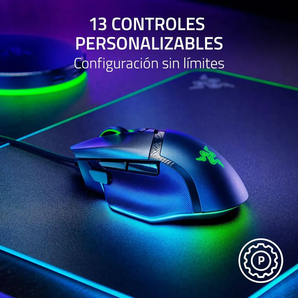 Razer Basilisk V3 35K preto, vista superior: roda com RGB verde, botões laterais e logo iluminado - Item7