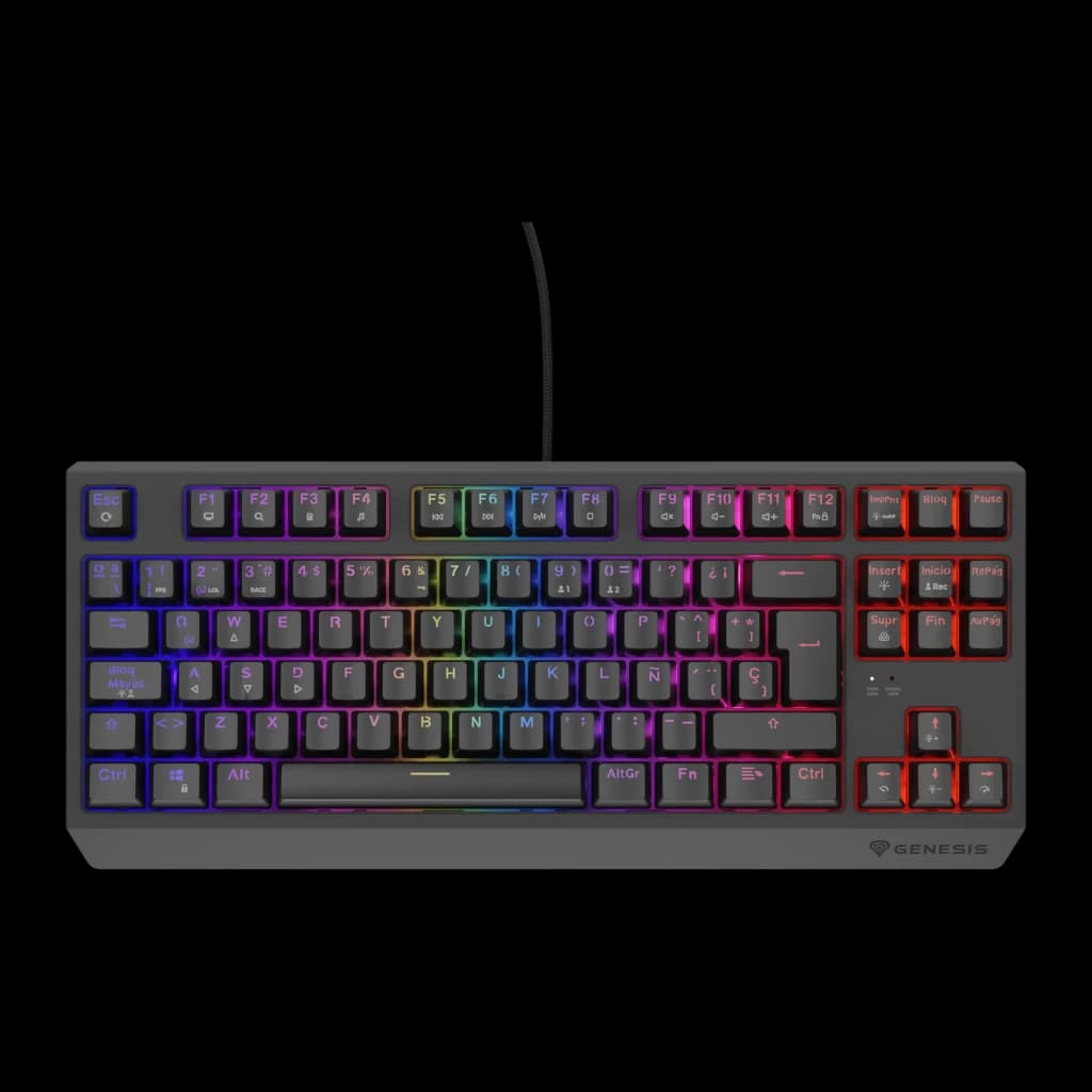Genesis Thor 230 TKL QWERTY Espagnol noir, vue de dessus: rétroéclairage RGB multicolore sur les touches et disposition TKL