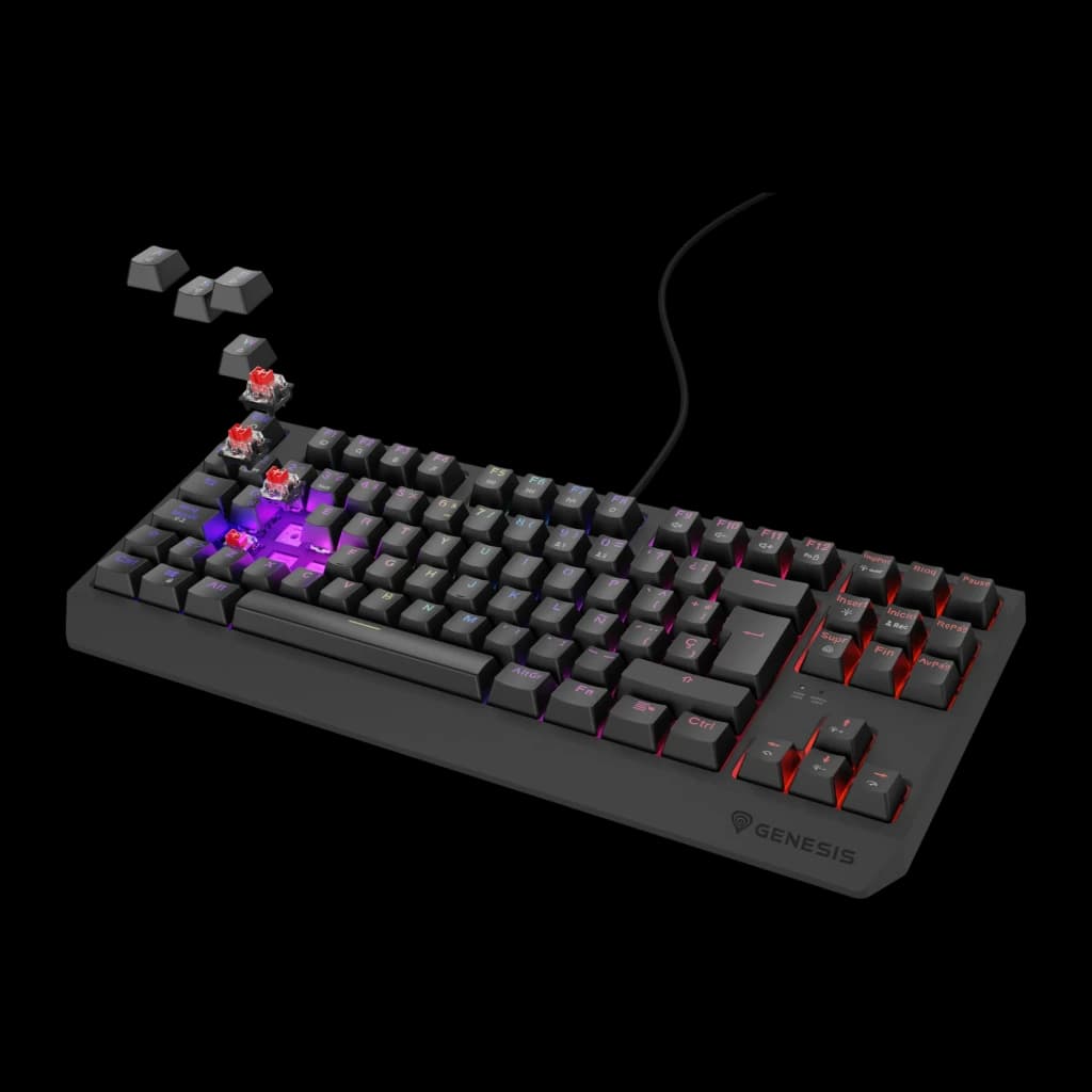 Genesis Thor 230 TKL QWERTY Noir, vue diagonale: touches retirées révélant les switchs mécaniques rouges et RGB