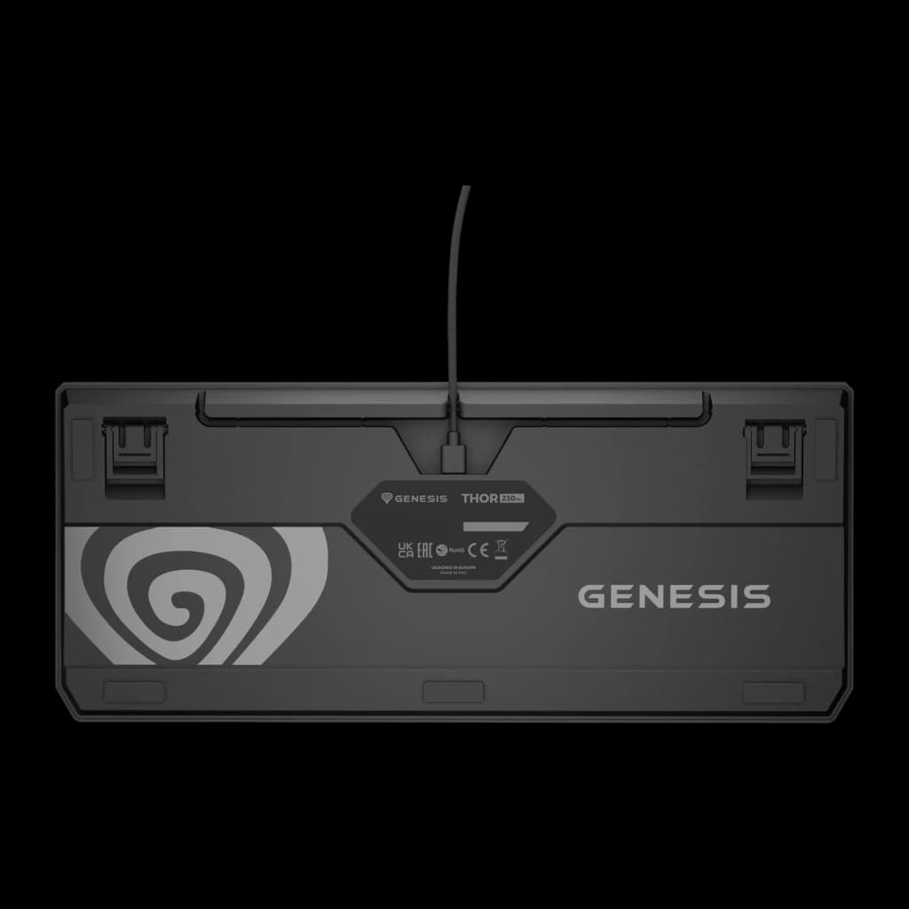 Genesis Thor 230 TKL QWERTY Noir, vue inférieure: base avec logo Genesis, pieds réglables et étiquettes de certification