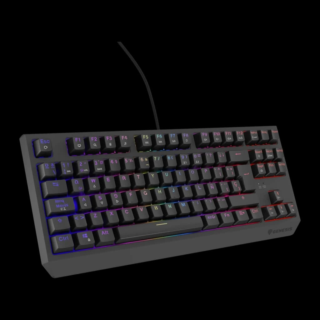 Genesis Thor 230 TKL QWERTY Noir, vue de face supérieure: disposition QWERTY espagnol avec rétroéclairage RGB multicolore