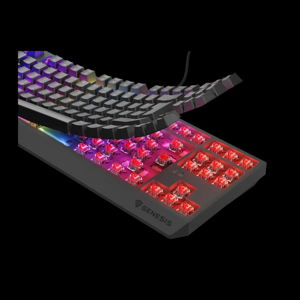 Genesis Thor 230 TKL Noir, vue détail: switchs mécaniques rouges rétroéclairés RGB exposés sous les touches soulevées