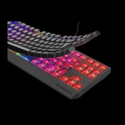 Genesis Thor 230 TKL Noir, vue détail: switchs mécaniques rouges rétroéclairés RGB exposés sous les touches soulevées