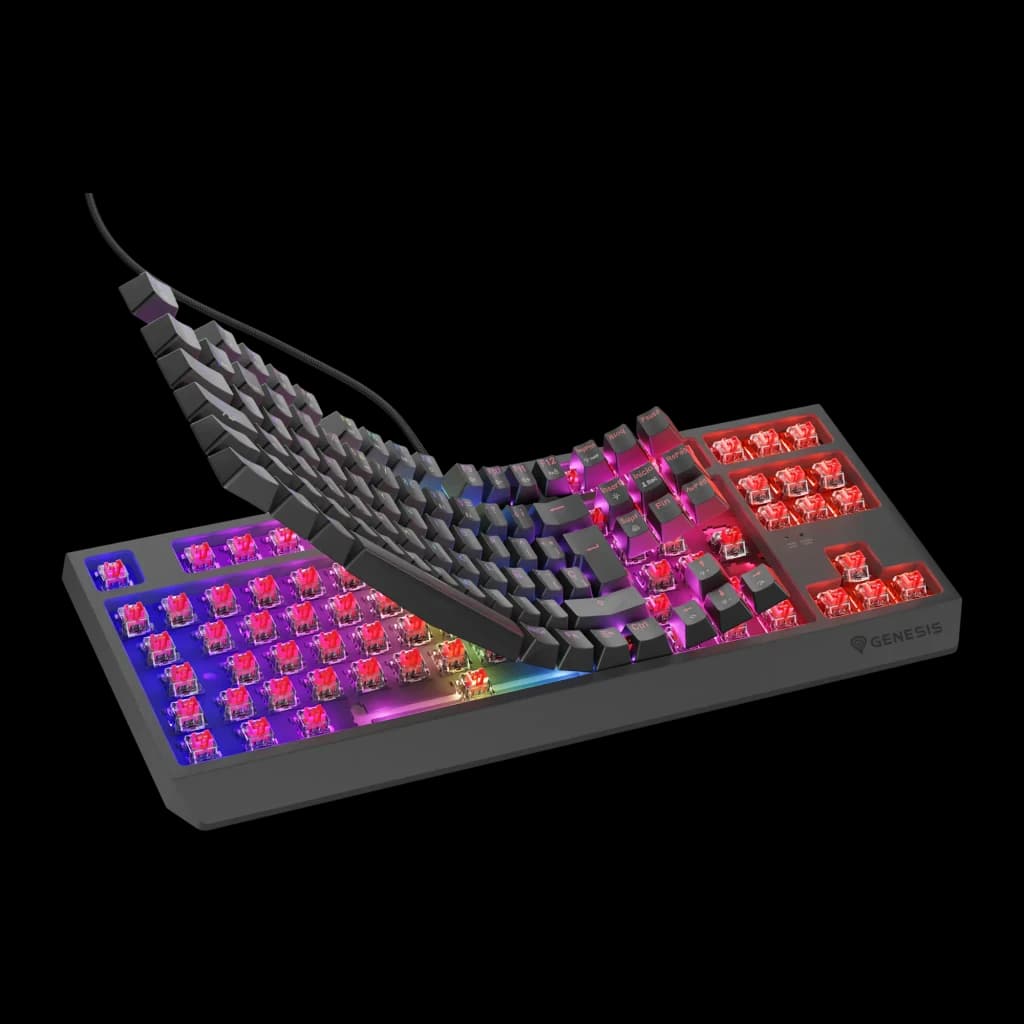 Genesis Thor 230 TKL QWERTY Noir, vue éclatée: touches soulevées révélant les switchs rouges et rétroéclairage RGB