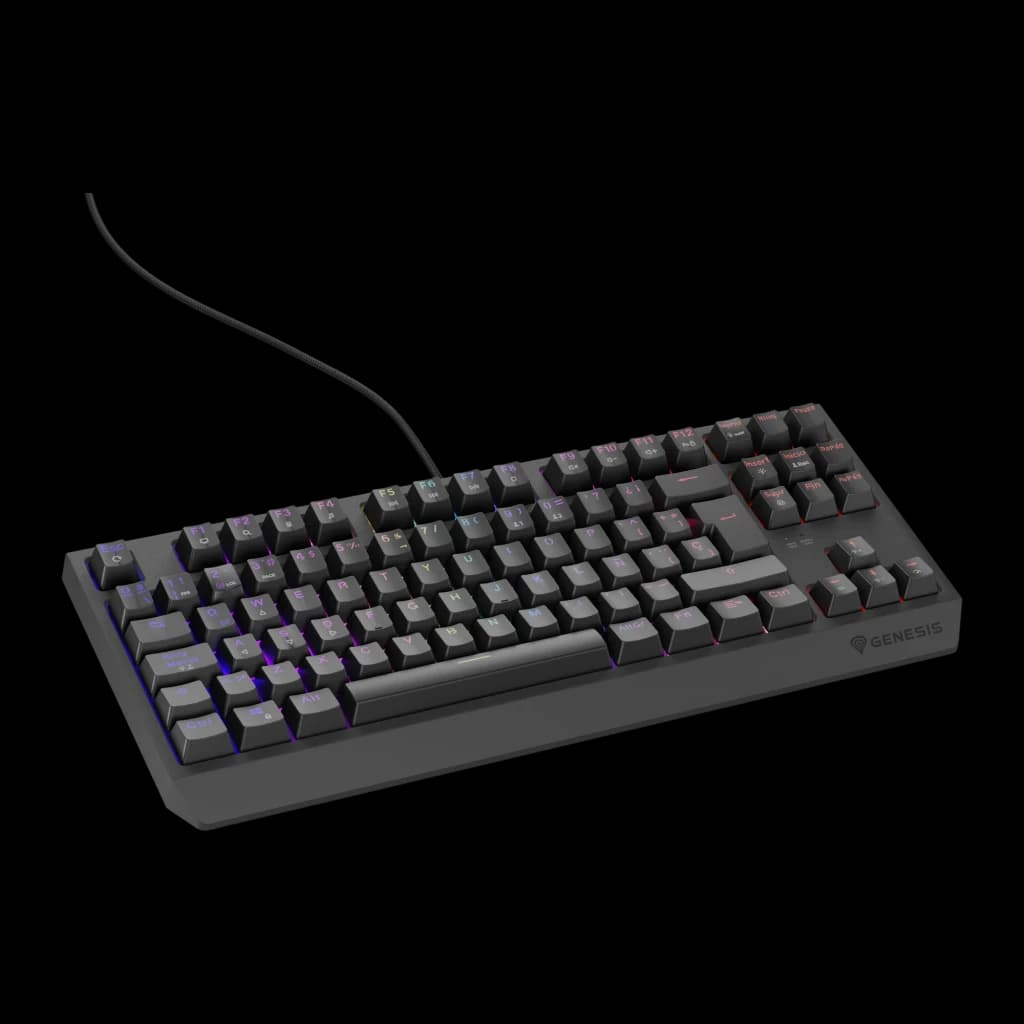 Genesis Thor 230 TKL QWERTY Noir, vue diagonale: clavier complet avec rétroéclairage RGB et câble tressé