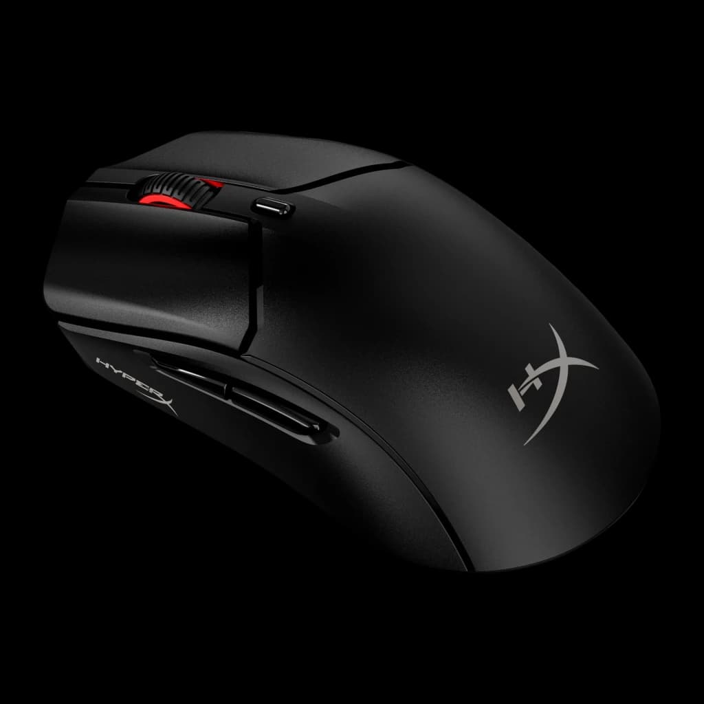 HyperX Pulsefire Haste 2 Inalámbrico Negro, vista lateral izquierda: botones laterales, rueda roja y logo HX visible