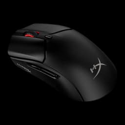 HyperX Pulsefire Haste 2 Inalámbrico Negro, vista lateral izquierda: botones laterales, rueda roja y logo HX visible