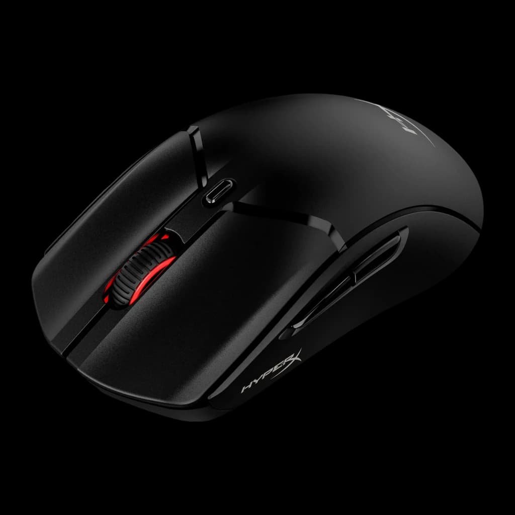 HyperX Pulsefire Haste 2 Inalámbrico Negro, vista frontal en ángulo: rueda roja, puerto USB-C y botones laterales derechos