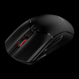 HyperX Pulsefire Haste 2 Inalámbrico Negro, vista frontal en ángulo: rueda roja, puerto USB-C y botones laterales derechos