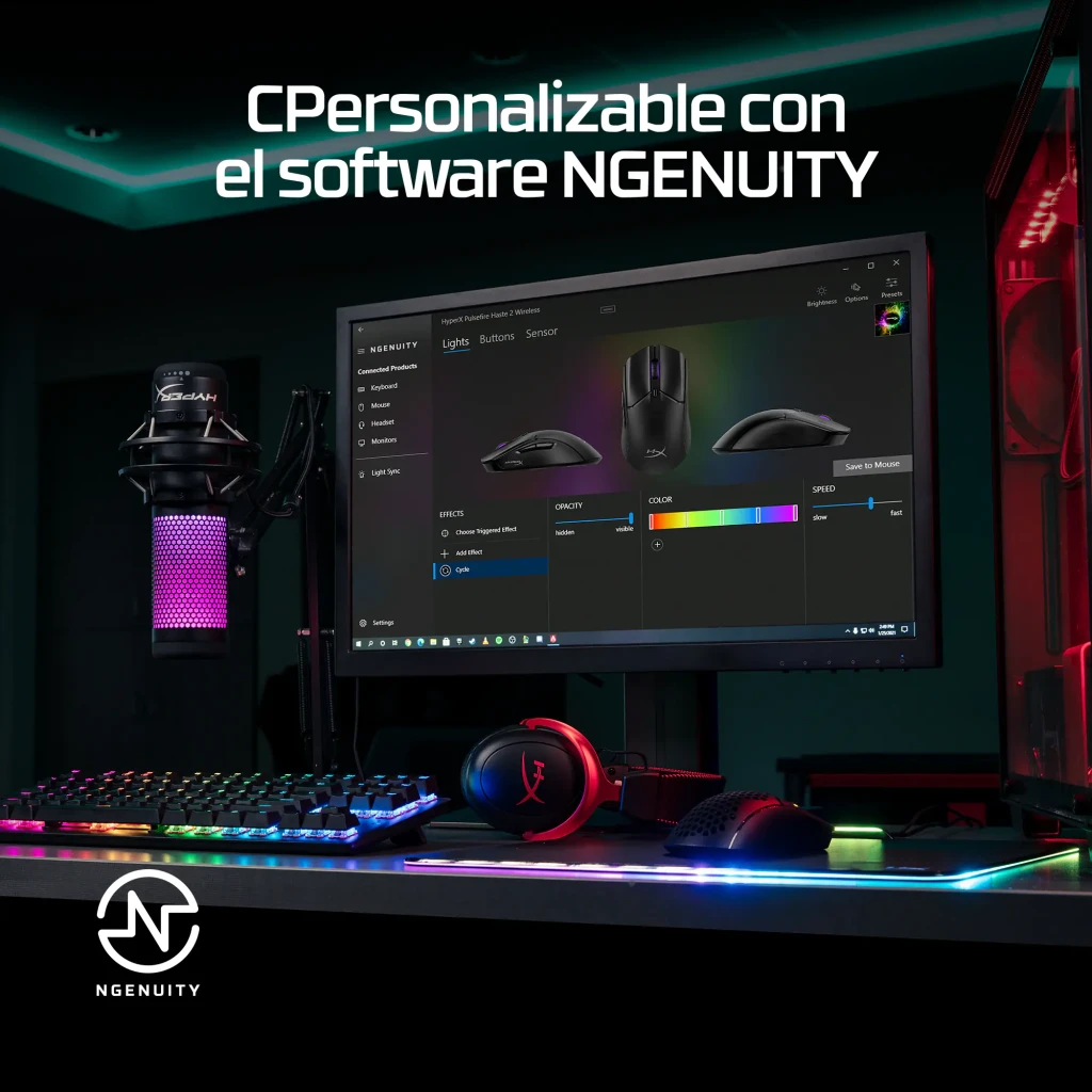 HyperX Pulsefire Haste 2 Sans Fil Noir, vue du dessus: molette rouge, boutons principaux et logo HX sur le repose-paume - Ítem4