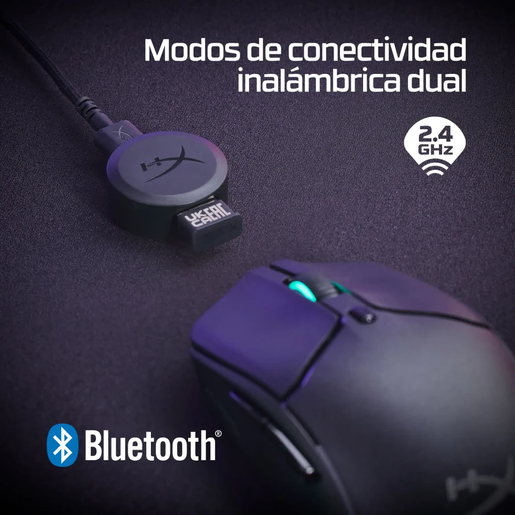 HyperX Pulsefire Haste 2 Sans Fil Noir, vue du dessus: molette rouge, boutons principaux et logo HX sur le repose-paume - Ítem6