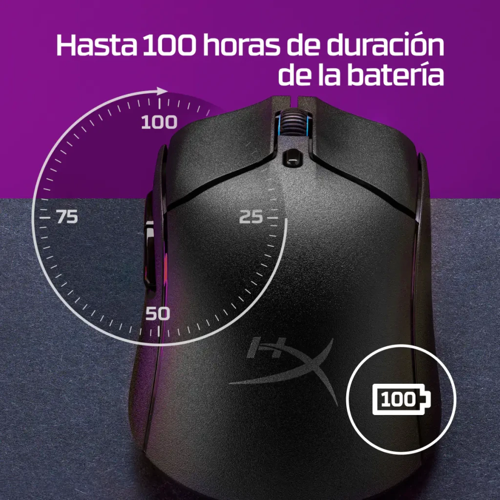 HyperX Pulsefire Haste 2 Sans Fil Noir, vue du dessus: molette rouge, boutons principaux et logo HX sur le repose-paume - Ítem7
