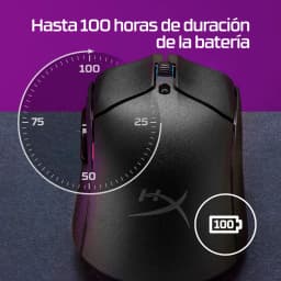 HyperX Pulsefire Haste 2 inalámbrico negro, vista superior: infografía batería 100 horas con reloj y ratón en superficie