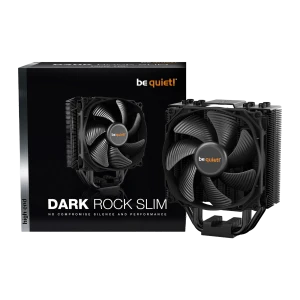 Be Quiet! Dark Rock Slim preto, vista com caixa: dissipador ao lado da embalagem preta com ventoinha e aletas visíveis