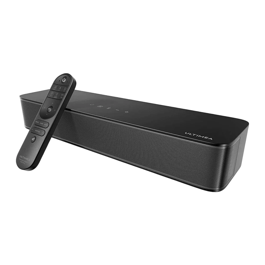 Ultimea Poseidon M20 Soundbar preto, vista frontal elevada: grelha metálica e botões táteis no painel superior - Item2