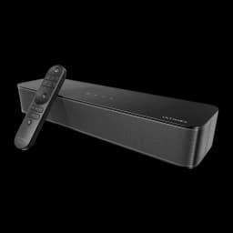 Ultimea Poseidon M20 Soundbar negro, kit completo: soundbar en perspectiva junto a su mando a distancia negro