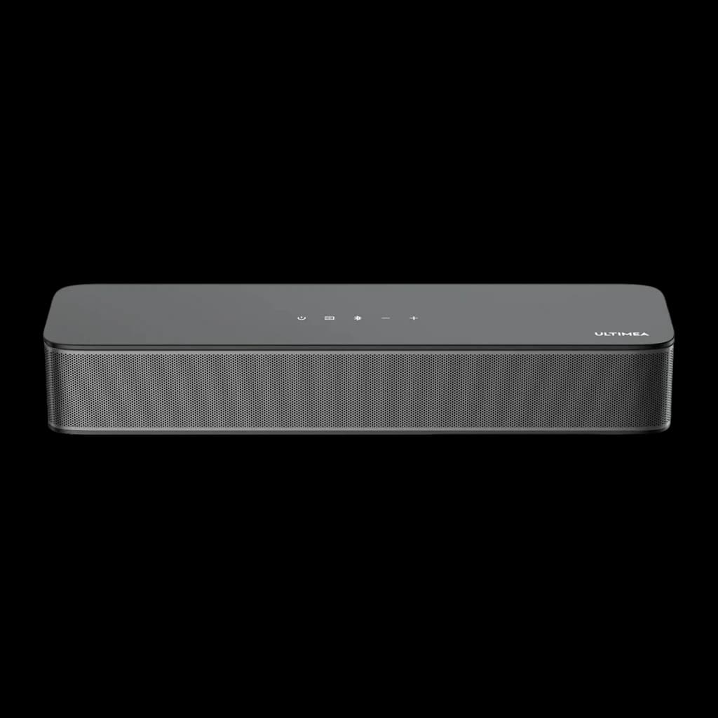 Ultimea Poseidon M20 Soundbar negro, vista frontal elevada: rejilla metálica y botones táctiles en la parte superior