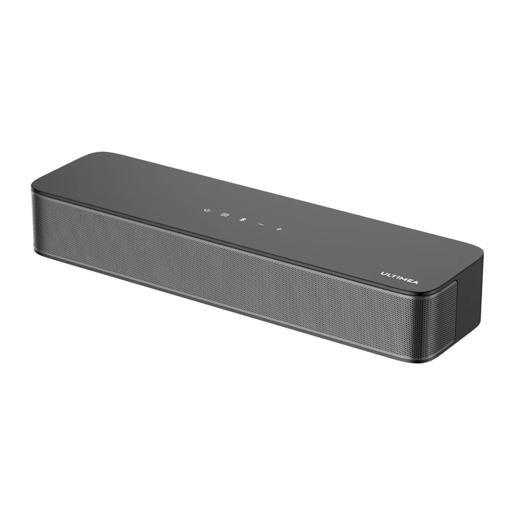 Ultimea Poseidon M20 Soundbar preto, vista frontal elevada: grelha metálica e botões táteis no painel superior - Item1