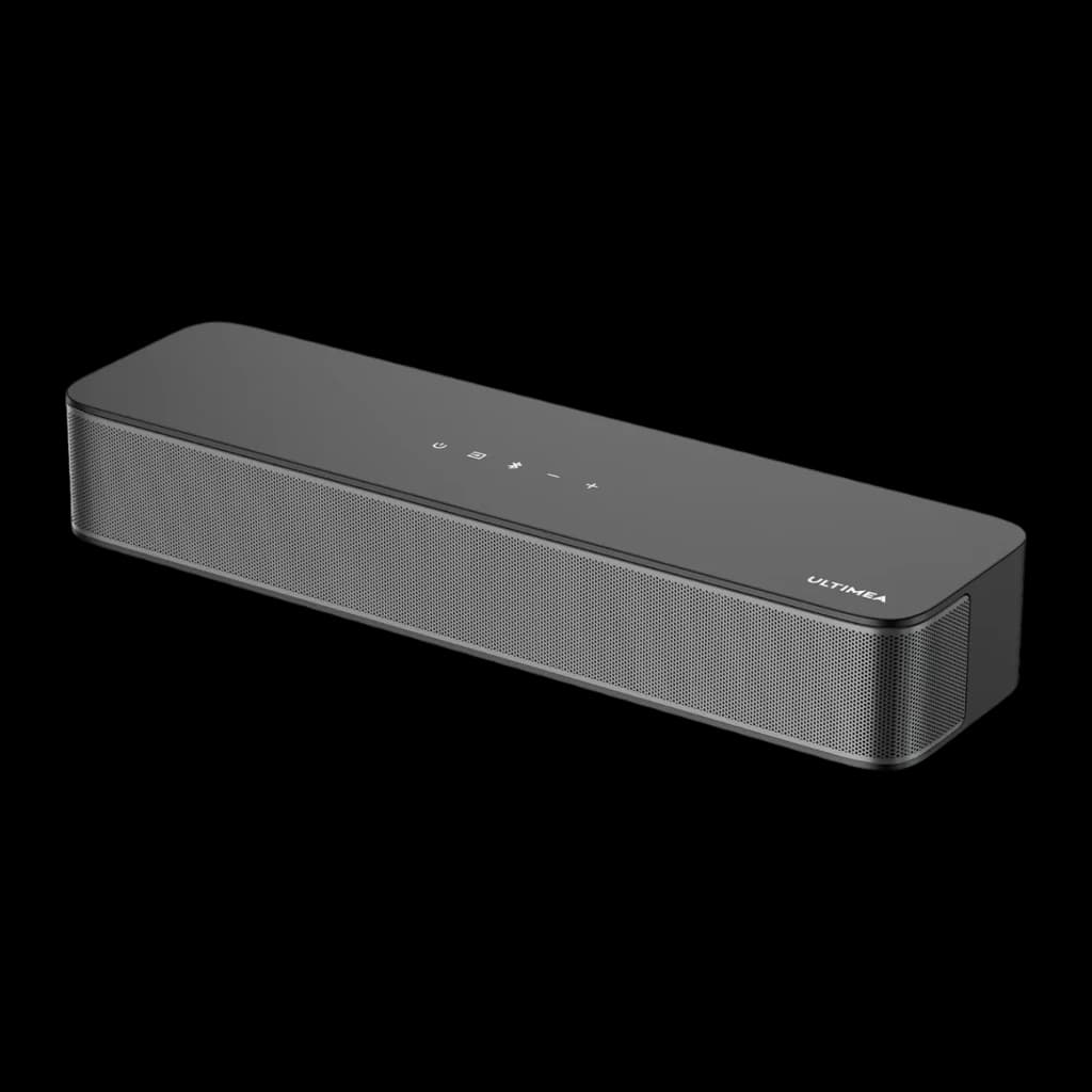 Ultimea Poseidon M20 Soundbar negro, vista en perspectiva: ángulo diagonal que muestra la parte superior, frontal y lateral