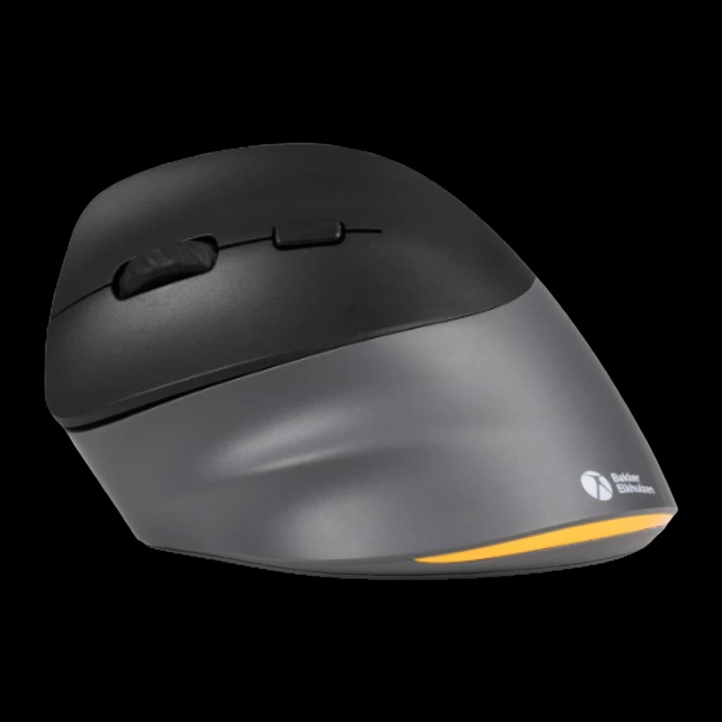BakkerElkhuizen PRF Pro 3 negro gris oscuro, vista lateral: perfil vertical ergonómico, rueda, logo y franja LED naranja