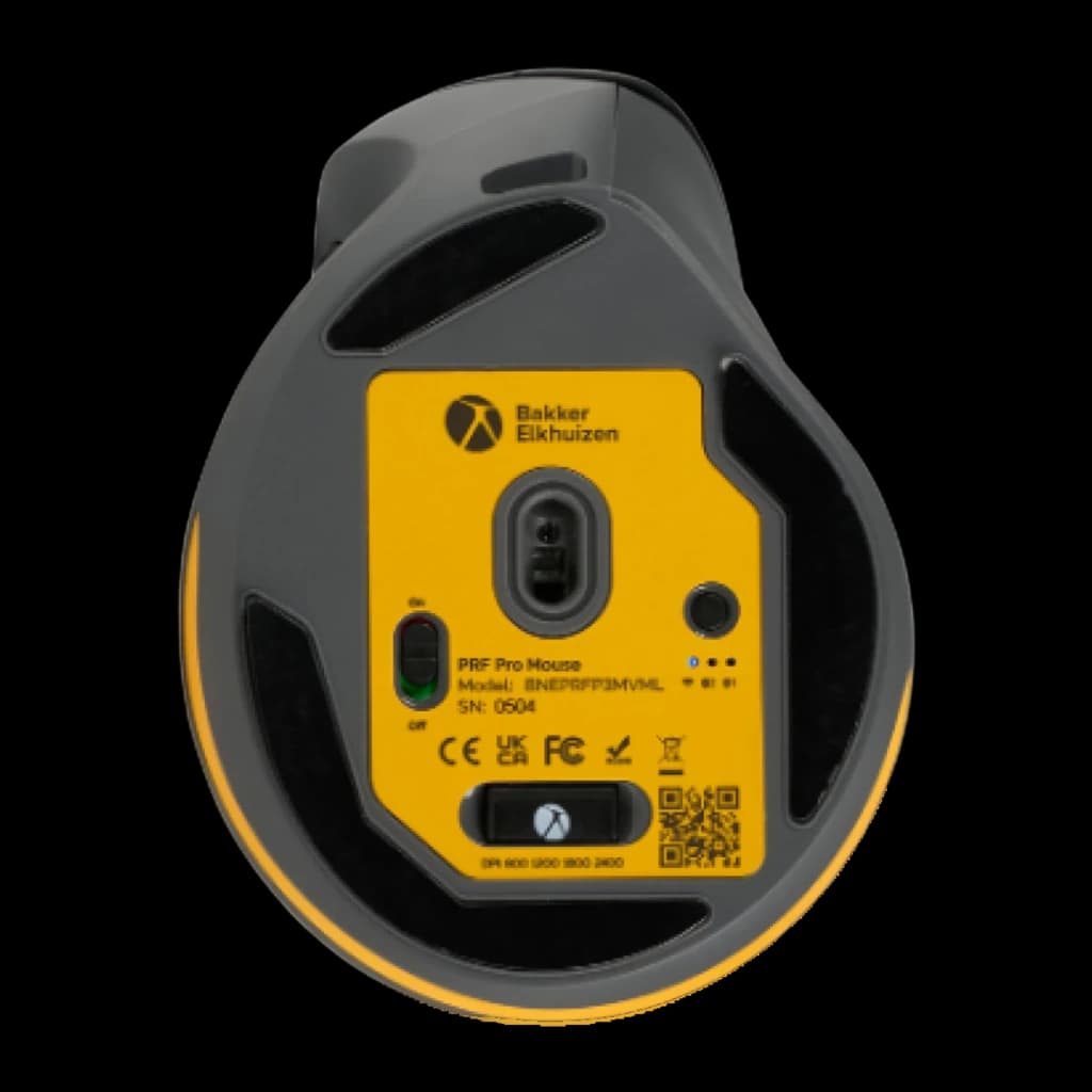 BakkerElkhuizen PRF Pro 3 Negro Gris oscuro, vista inferior: base amarilla con sensor óptico, interruptor on/off y etiqueta