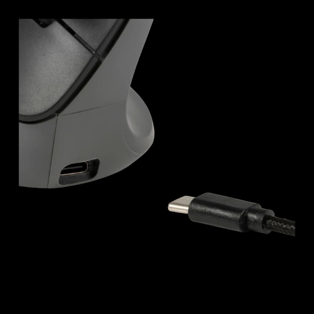 BakkerElkhuizen PRF Pro 3 Negro Gris oscuro, detalle base: puerto USB-C en la base del ratón vertical y conector del cable