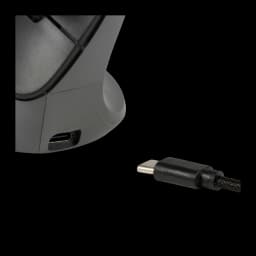 BakkerElkhuizen PRF Pro 3 Negro Gris oscuro, detalle base: puerto USB-C en la base del ratón vertical y conector del cable