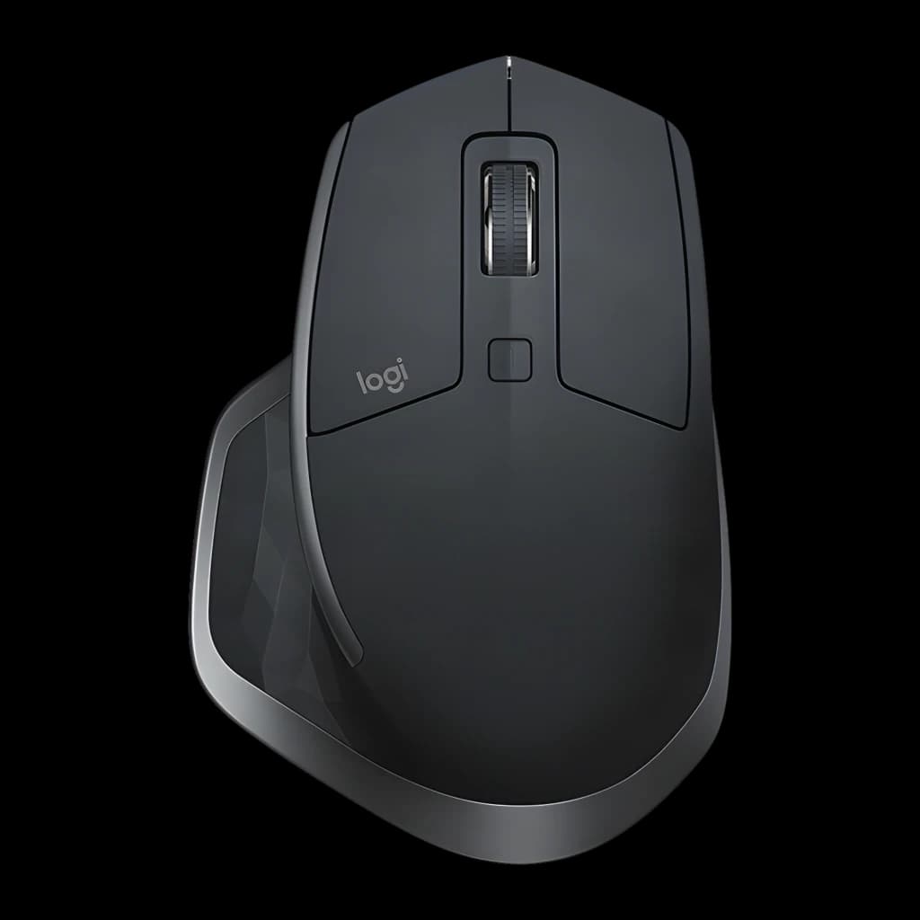 Logitech Rato MX Master 2S Grafite, vista superior: roda de deslocamento, botão central e logótipo Logi em fundo preto