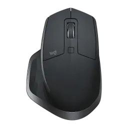 Logitech Rato MX Master 2S Grafite, vista superior: roda de deslocamento, botão central e logótipo Logi em fundo preto
