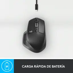 Logitech Rato MX Master 2S Grafite, vista superior: cabo micro USB conectado, roda e botões centrais visíveis