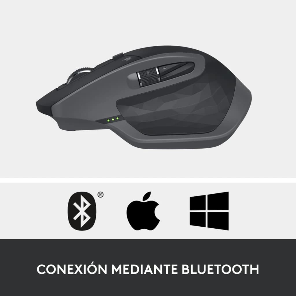Logitech Rato MX Master 2S Grafite, vista lateral: perfil direito com indicadores LED verdes e ícones de compatibilidade