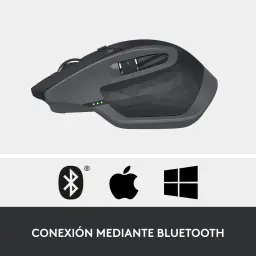 Logitech Rato MX Master 2S Grafite, vista lateral: perfil direito com indicadores LED verdes e ícones de compatibilidade