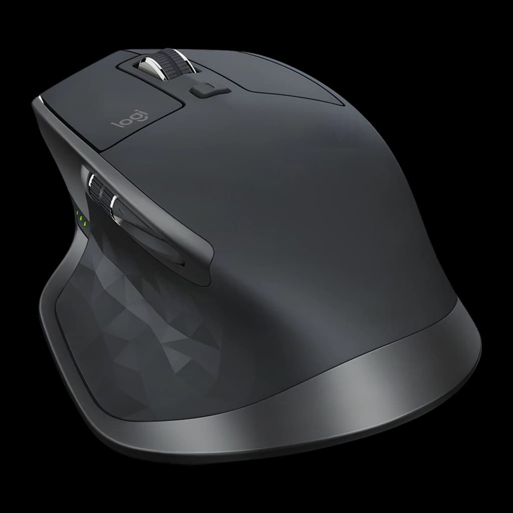 Logitech Rato MX Master 2S Grafite, vista lateral-superior: roda de deslocamento, botões laterais e indicadores LED verdes