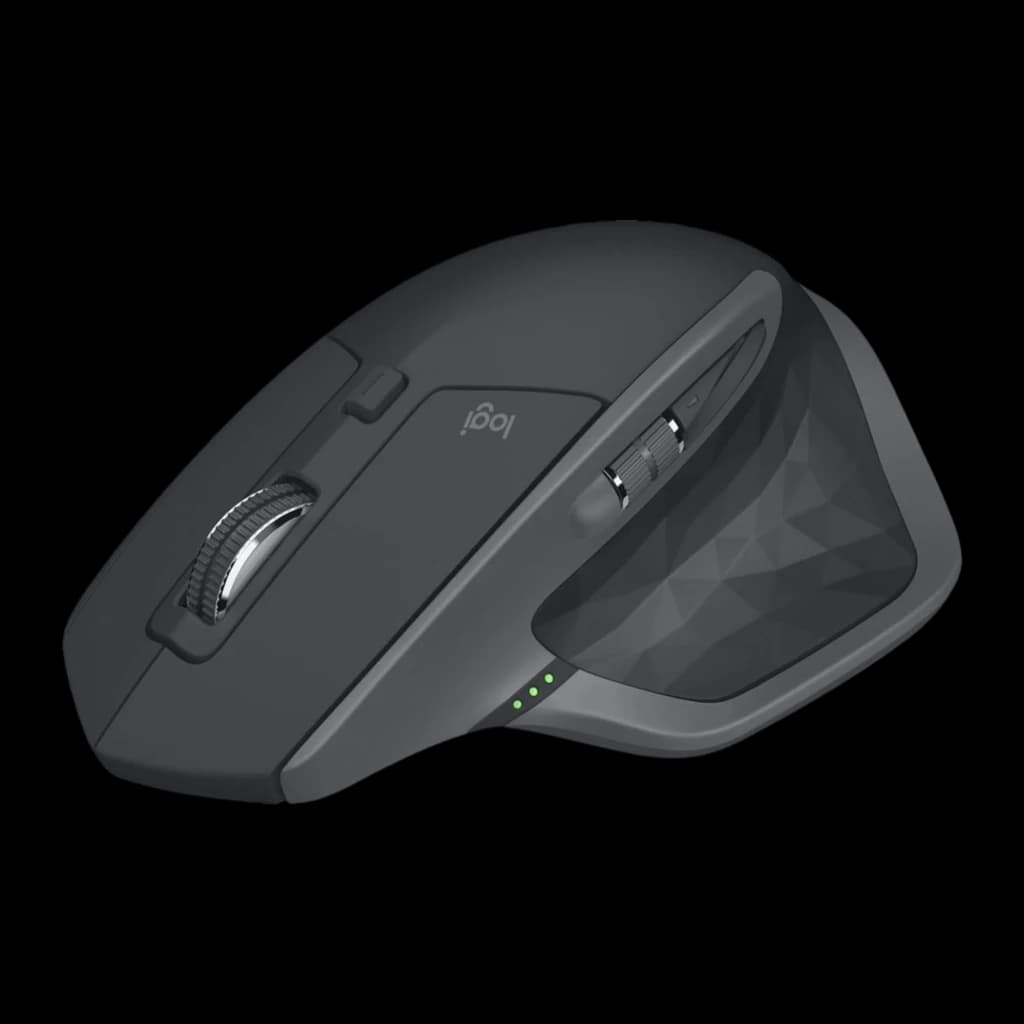 Logitech Rato MX Master 2S Grafite, vista lateral superior: roda metálica, botões laterais, LEDs verdes e logo logi