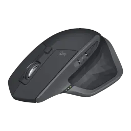 Logitech Rato MX Master 2S Grafite, vista lateral superior: roda metálica, botões laterais, LEDs verdes e logo logi