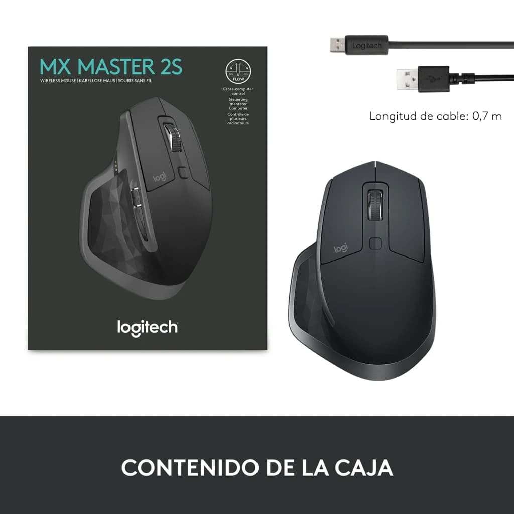 Logitech Rato MX Master 2S Grafite, conteúdo da caixa: rato vista superior, caixa e cabo USB de 0,7 m